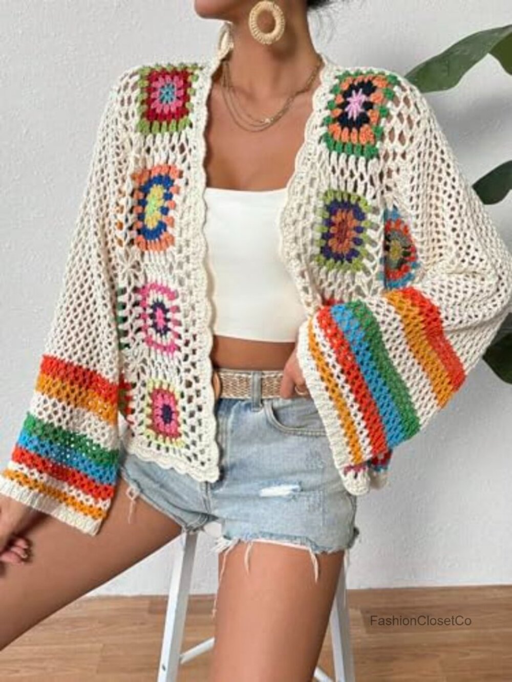 Women's Floral Crochet Cardigan Hollow Out Open Front Long Sleeve Sweater - Picture 6 of 7